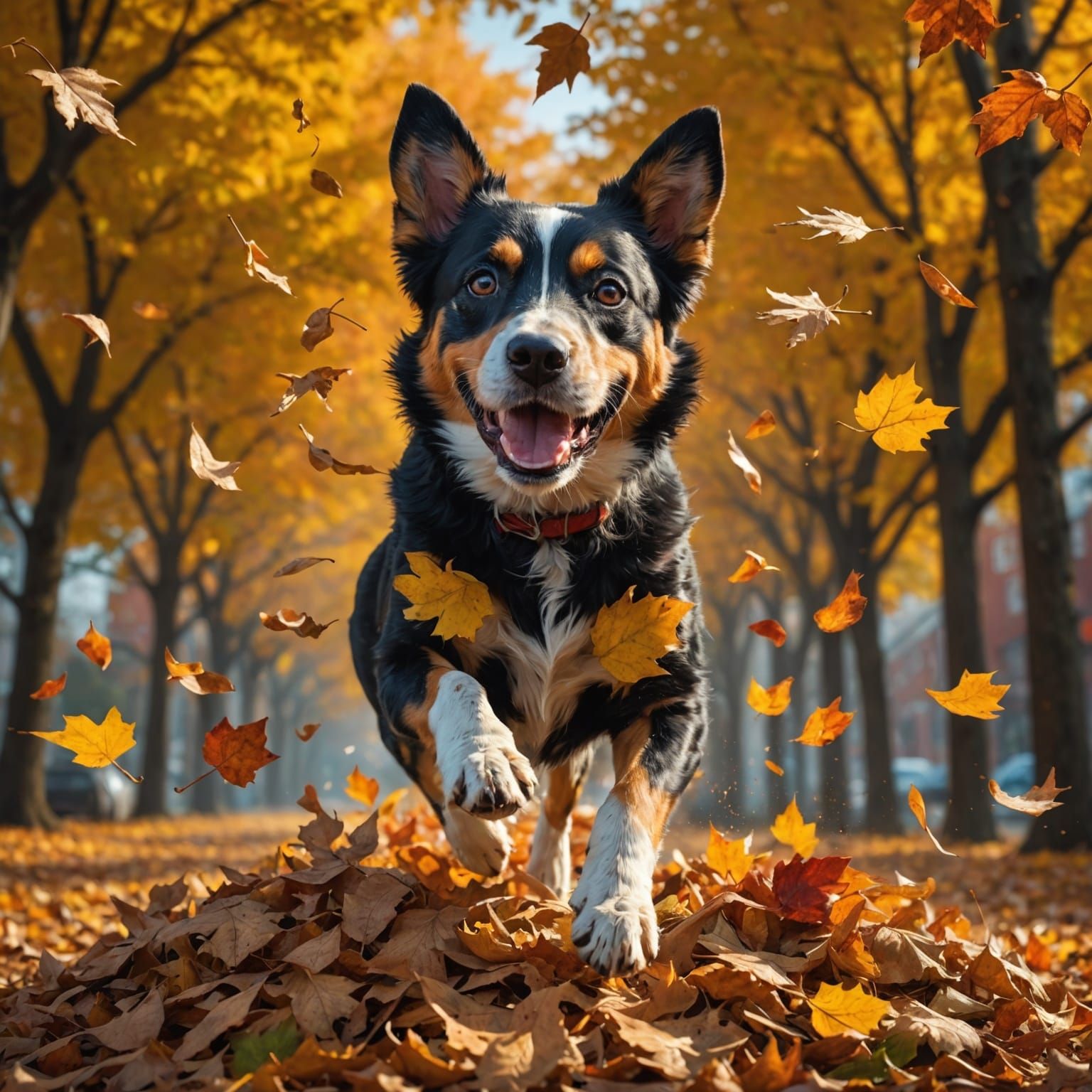 Dog Jumping in Leaves: Hyperrealistic Splash Art