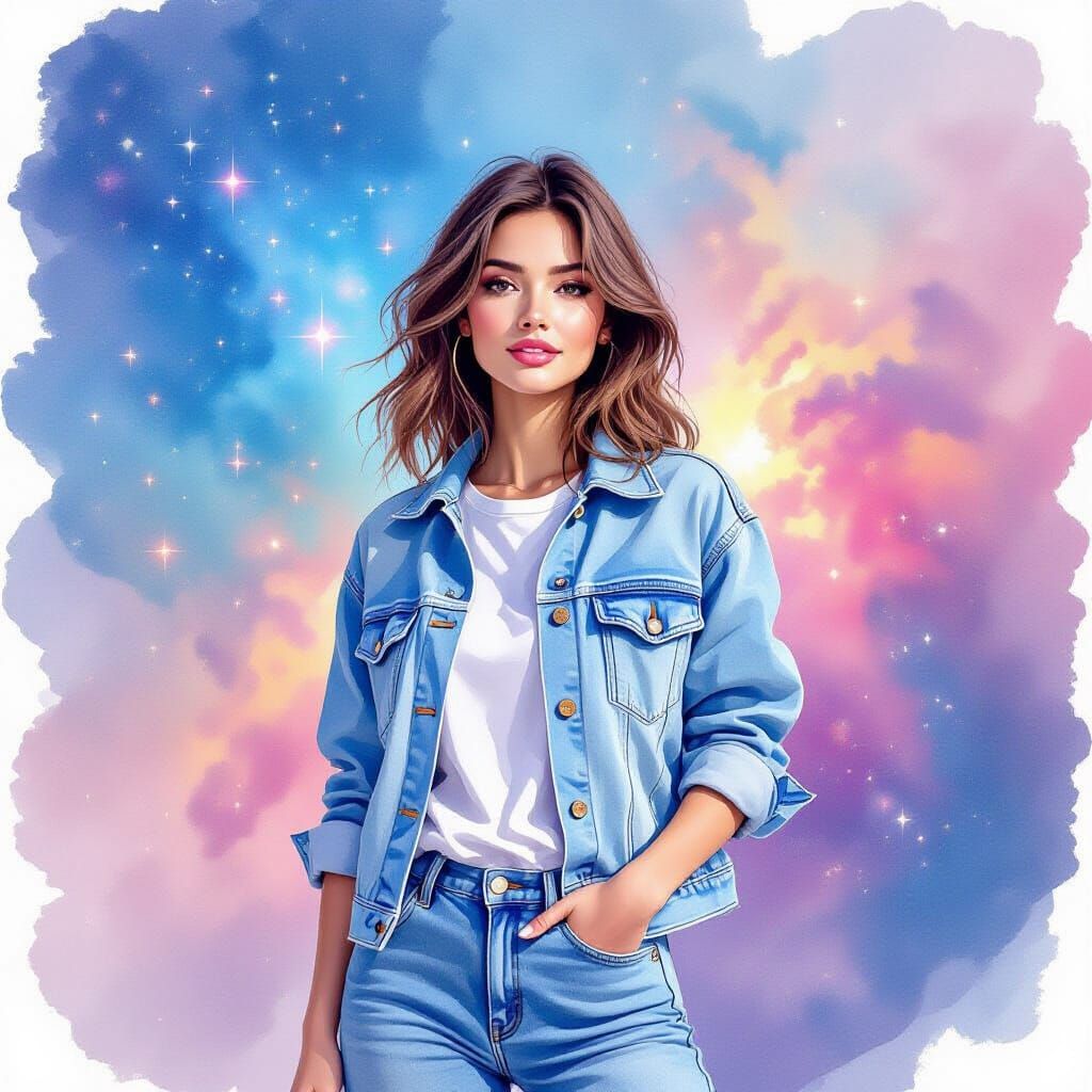 Cosmic Denim: Woman Posing in Watercolor Nebula