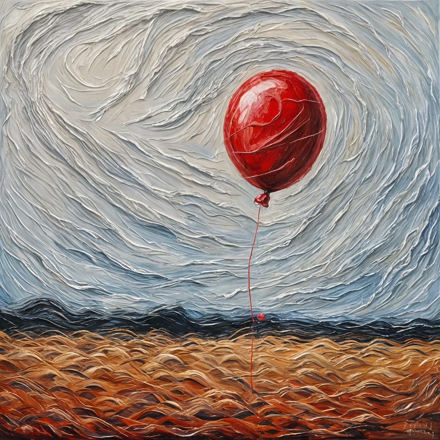 Lonely Red Balloon in Impasto Wind