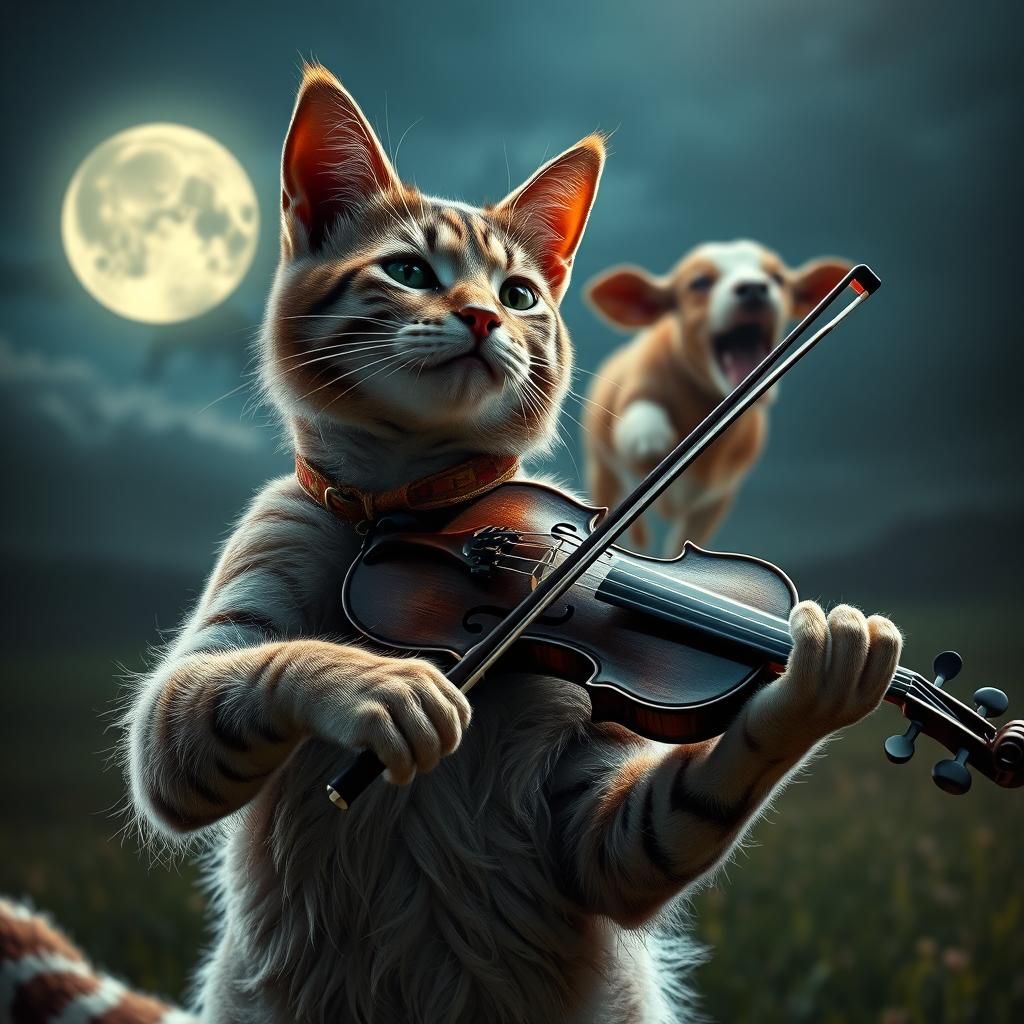 Hyperrealistic Cat Playing Violin with Cow and Dog