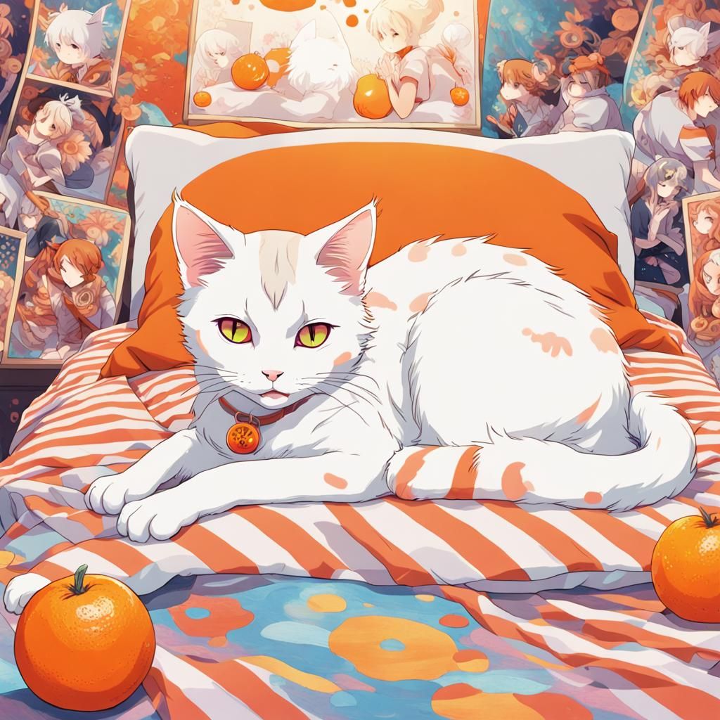 Psychedelic Anime Cat on Bed