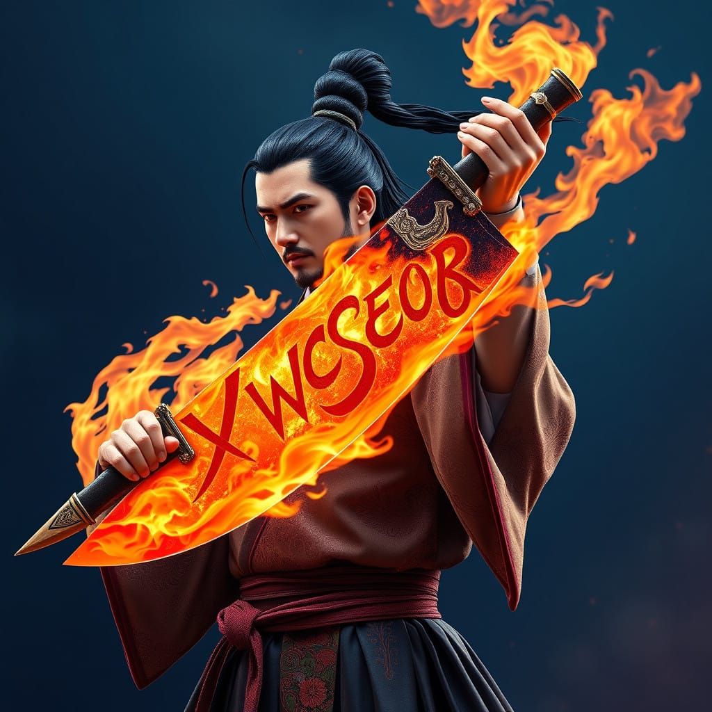 Heroic Warrior Wields Flame-Engulfed Knife in Hanbok