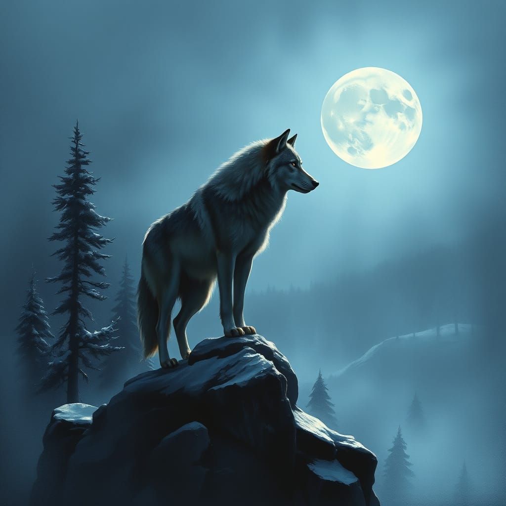 Solitary Wolf Under Ethereal Full Moon Glow