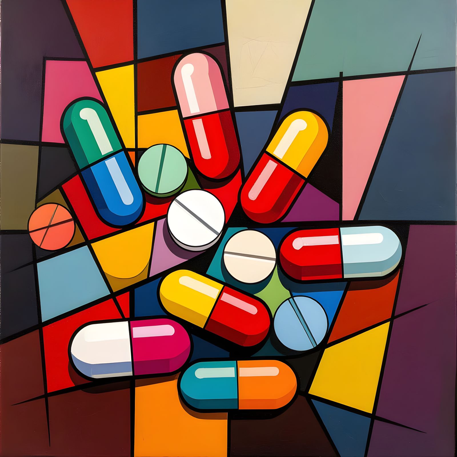 Abstract Cubism Art of Pills in Vibrant Colors