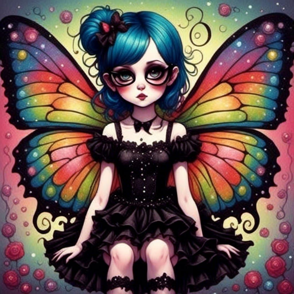 Goth Anime Fairy with Butterfly Wings in Pop Surrealism