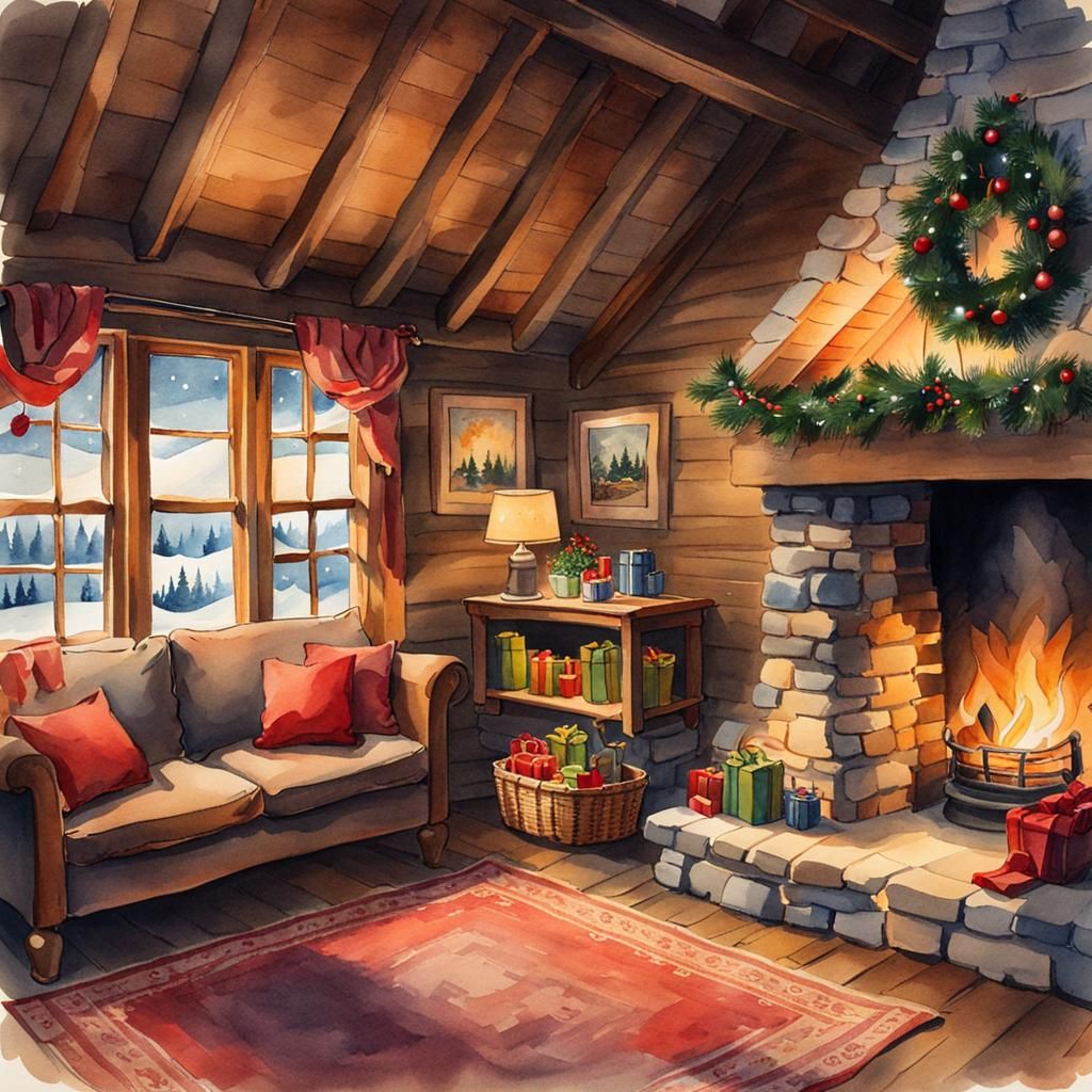 Cozy Christmas Cabin in Watercolor Style
