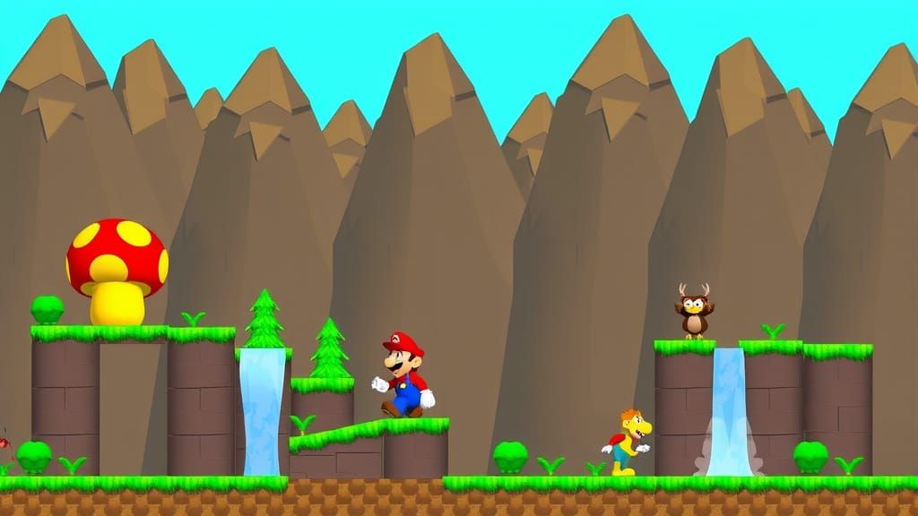 Tall, Tall Mountain from Super Mario 64, it's the greyish brown mountain themed course in the game.
Mario might land on ...