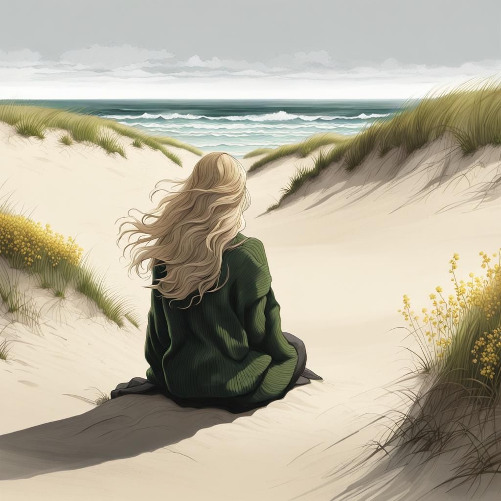 Woman in Dunes Watching Windy Ocean: Hyperrealistic Splash A...