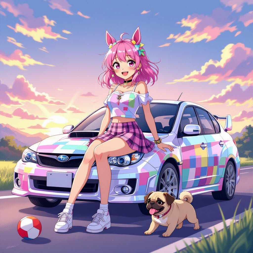 Anime Girl with Horse Ears on a Subaru, Studio Trigger Style