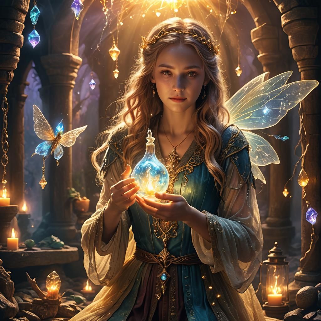 Fairy Healer with Mana Ampoule in Medieval Scene
