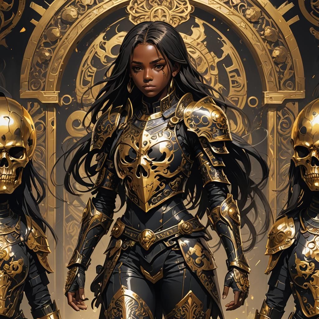 Heroic Anime Girl in Black and Gold Armor