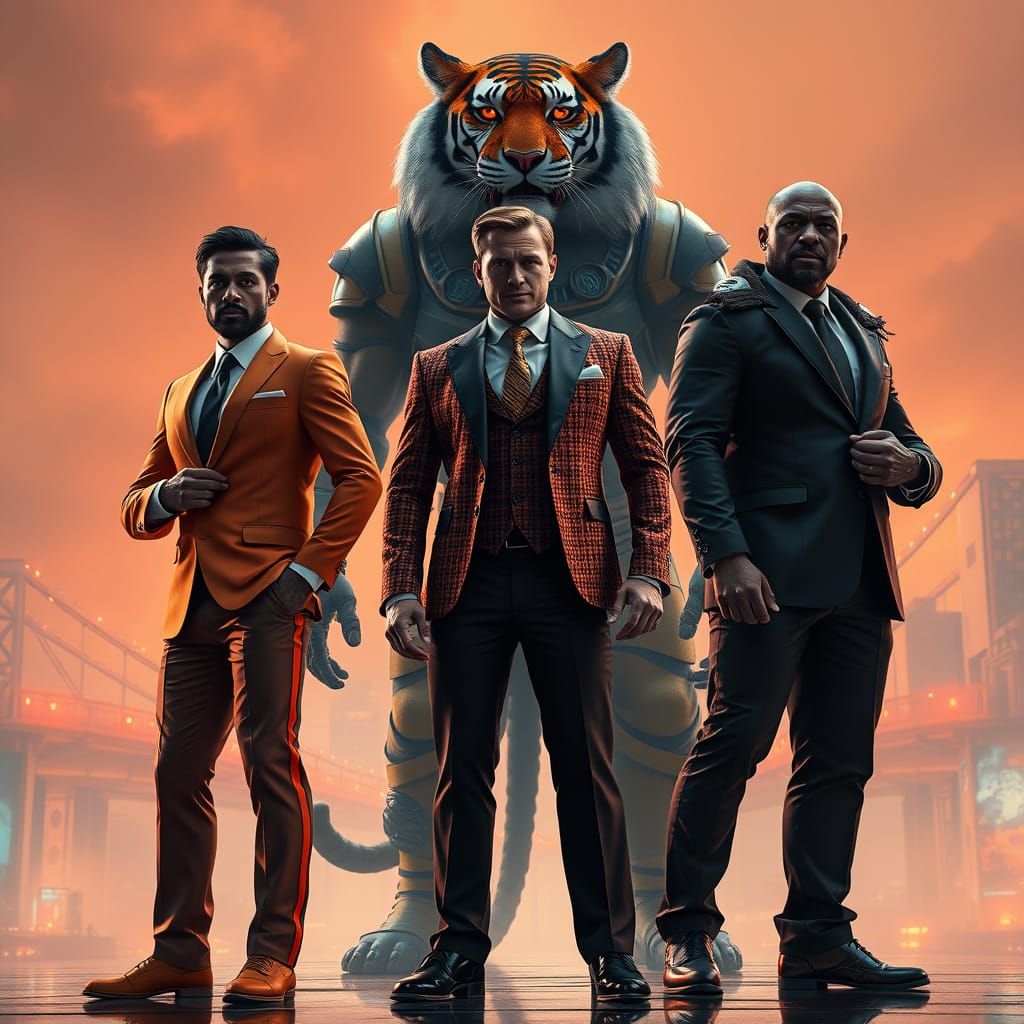 Three Powerful Men Stand Tall with a Glowing Tiger in Futuri...