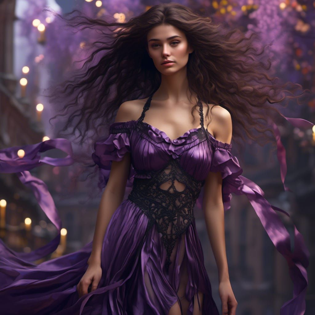 Woman in Purple Satin Nightdress: Hyperreal Art