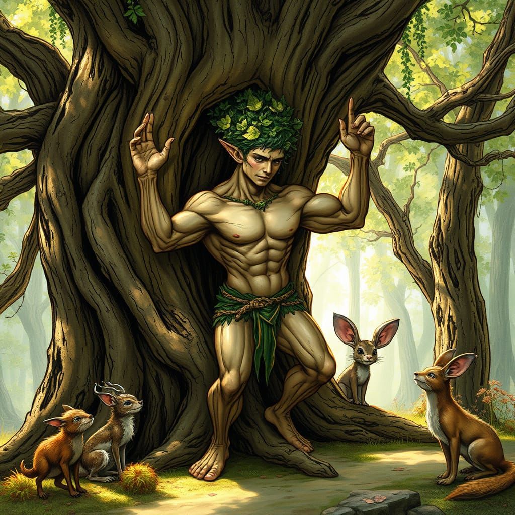 Muscular Dryad Emerges from Ancient Oak in Whimsical Fantasy...
