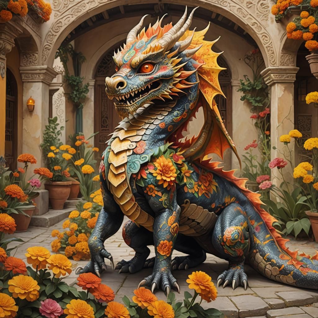Day of the Dead Dragon in Mexican Folk Art Style