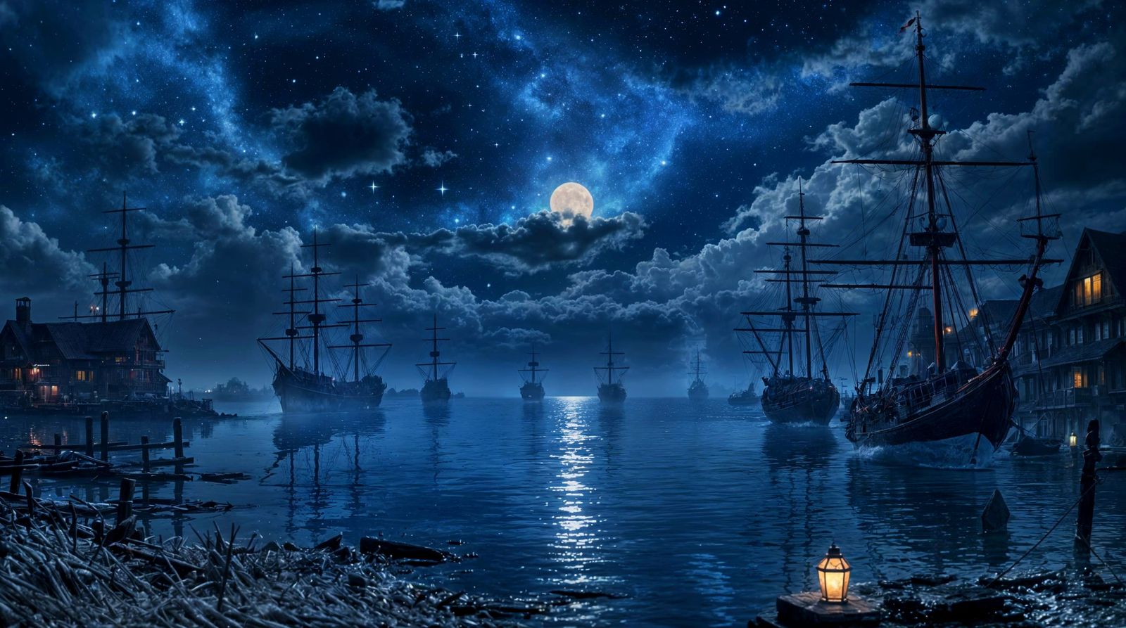 Fantasy Ships in Foggy Harbor Under Milky Way