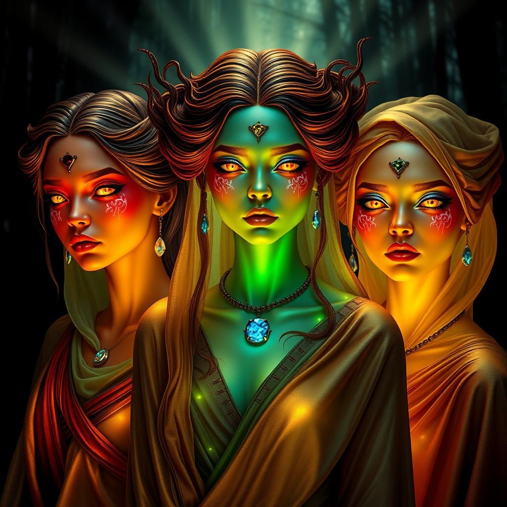 Halloween Goddesses with Iridescent Skin in Metallic Fabrics