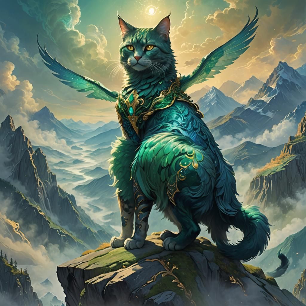 Man-Cat Hybrid Overlooking Fantasy Landscape