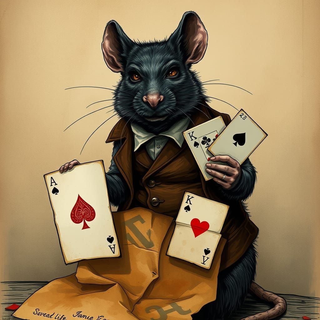 Rat in a Brown Waistcoat, Holding Ace Cards in a Whimsical R...