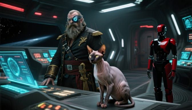 Space Pirate Captain on Starship Bridge with Cat and Android...