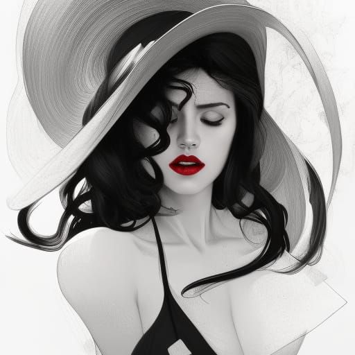 Striking Woman in Fedora: Black, White, and Red