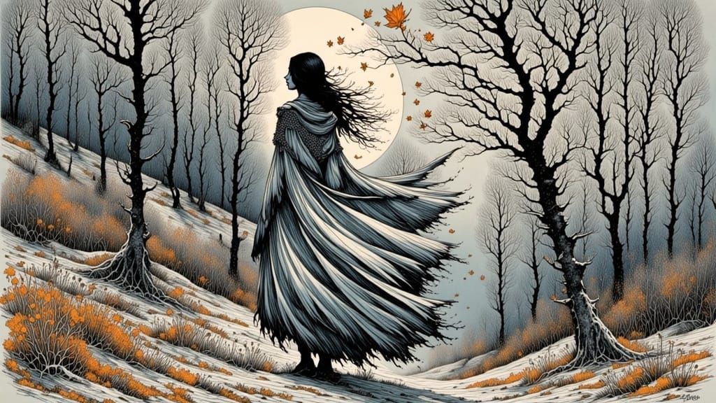 Ethereal Woman in Barren Autumn Landscape