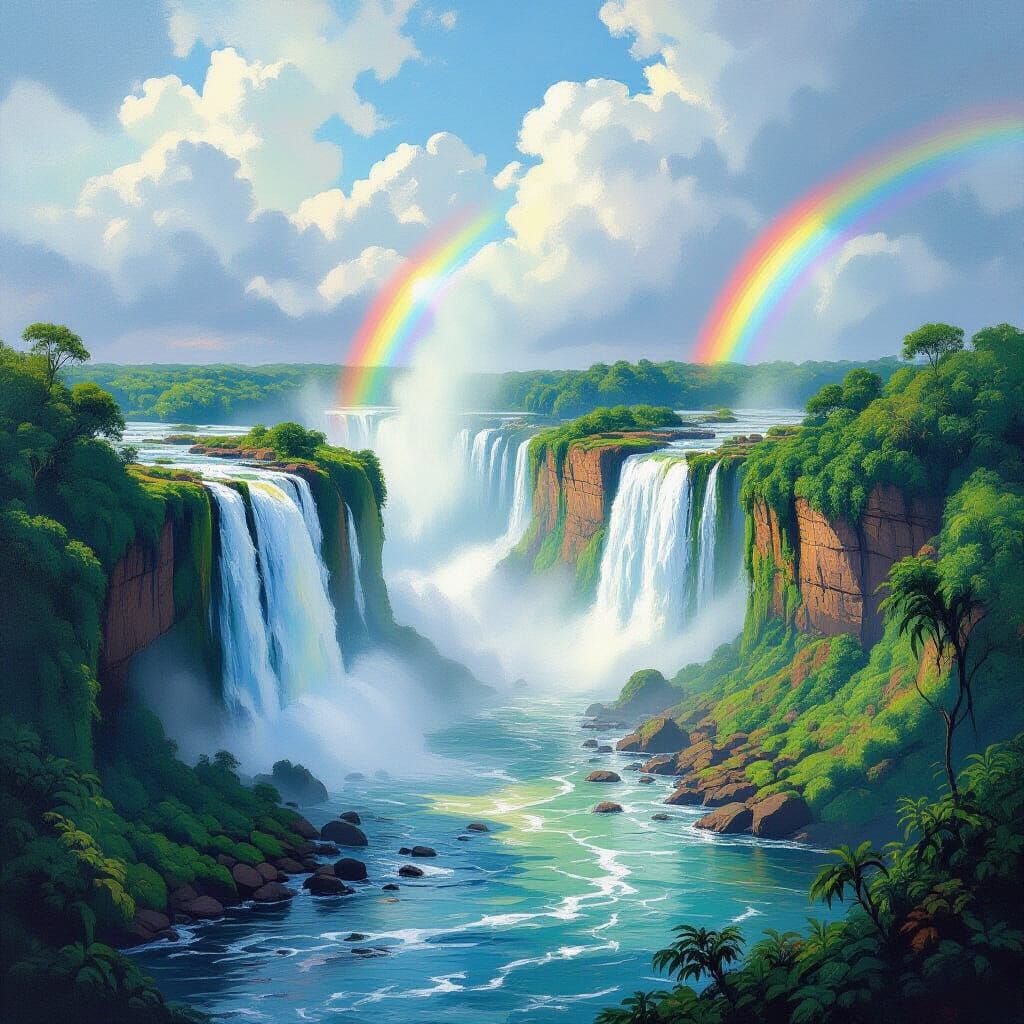 Iguazu Falls Landscape Painting in Romantic Style
