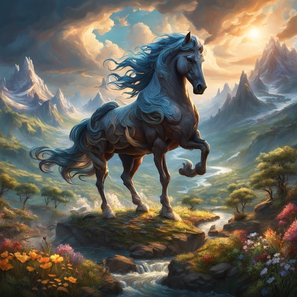 Horse Head Landscape Art: Mountains, Rivers, and Forests