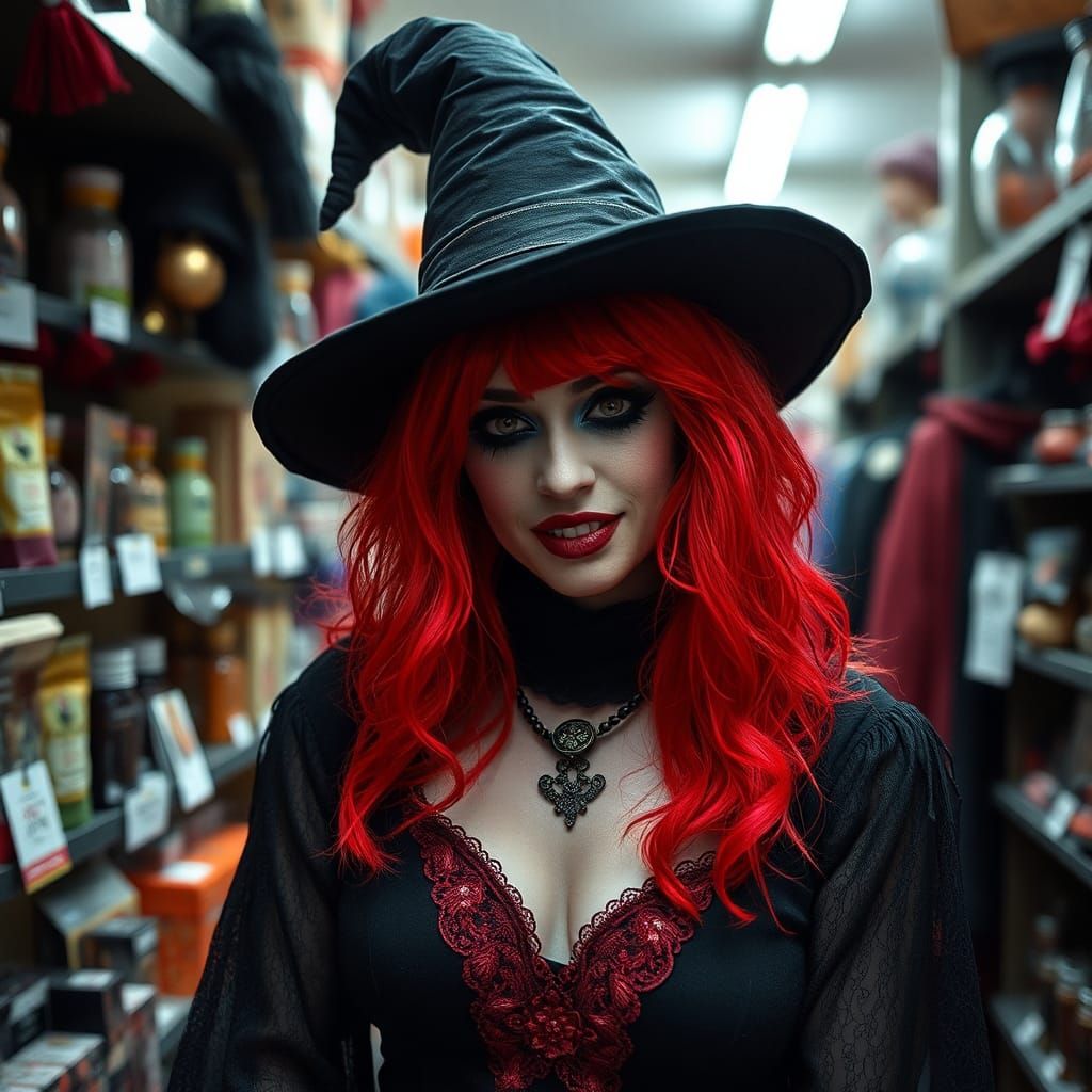vampire witch wearing a bright red wig in a charity shop