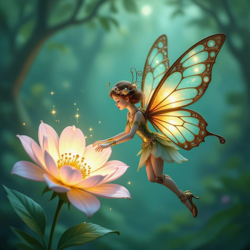 Mechanical Fairy Beside Bioluminescent Flower in Art Nouveau...