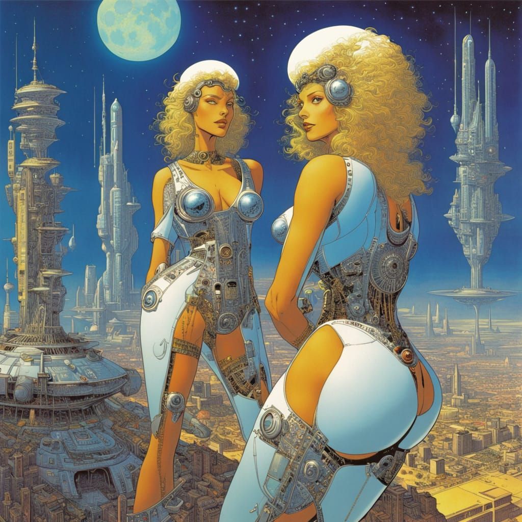 Smiling Twins Overlook Future City in Moebius Style