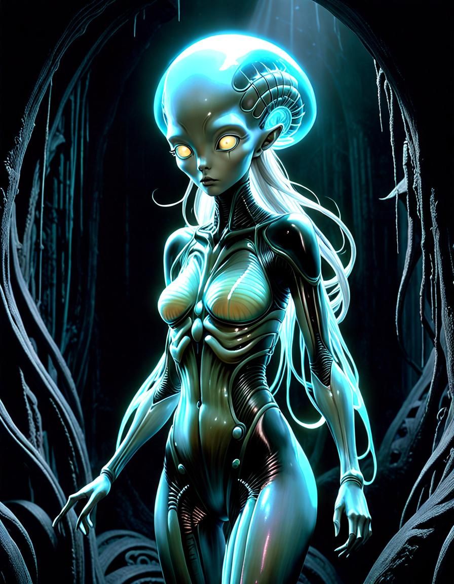 Bioluminescent Alien in Post-Apocalyptic Landscape
