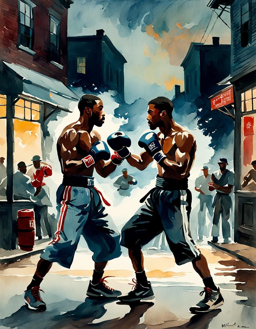 Street Boxing Watercolor Inspired by Winslow Homer