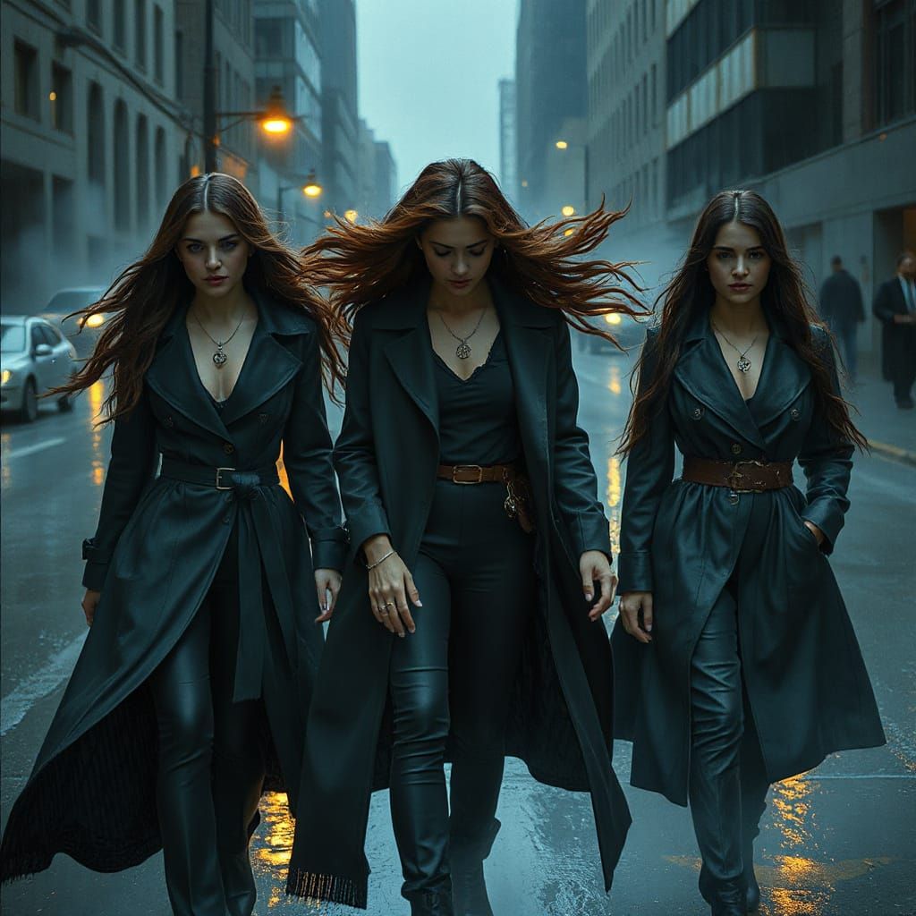 Mysterious Women in Misty City with Cosmic Fate Threads