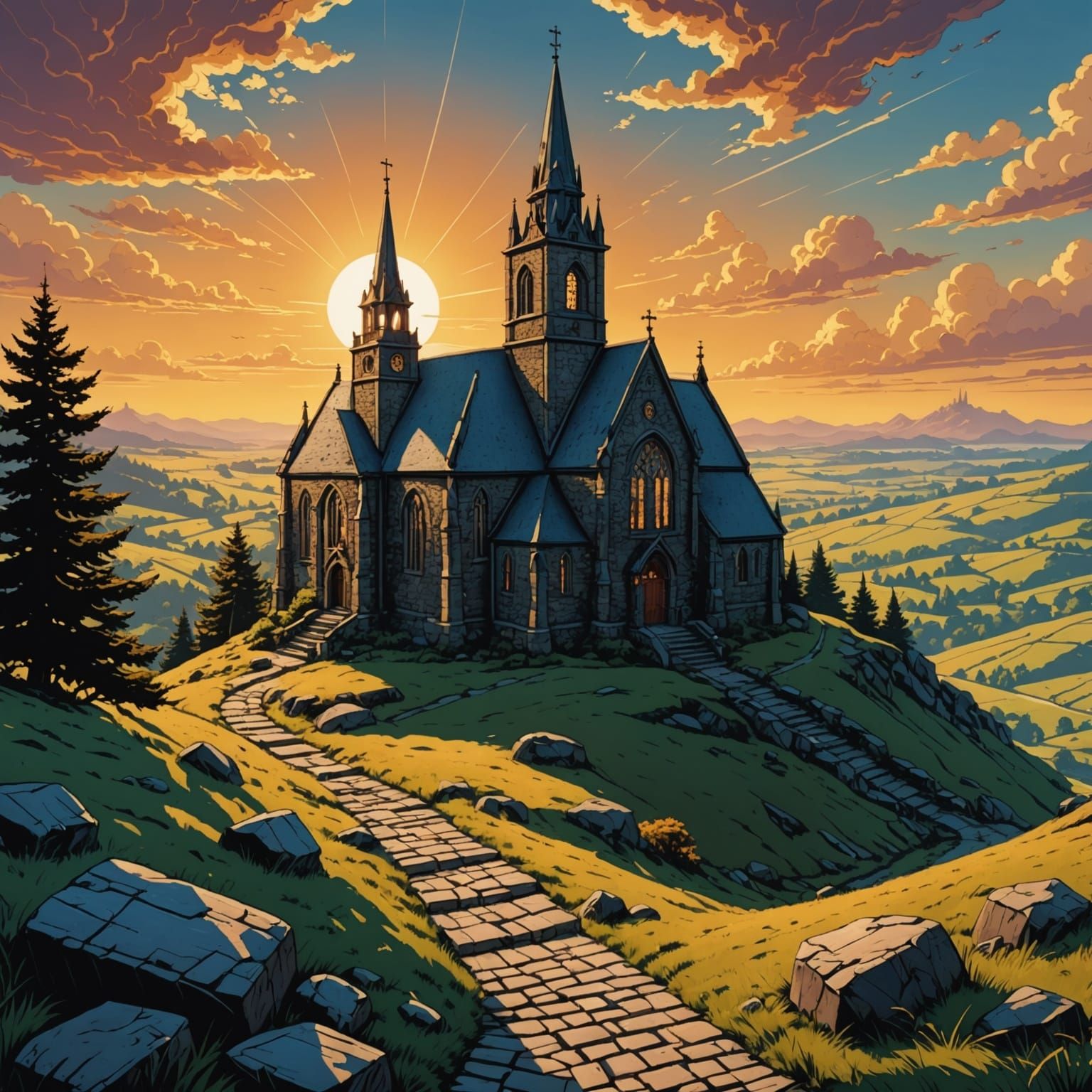 Cobblestone Church on Hill in Morning Sunlight