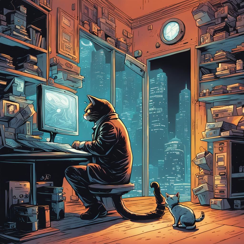 Futuristic Detective Cat in Postmodern Apartment