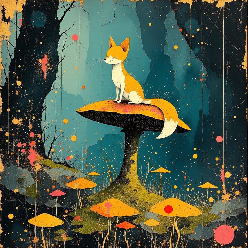 Stardust Fox on Mushroom in Bioluminescent Forest