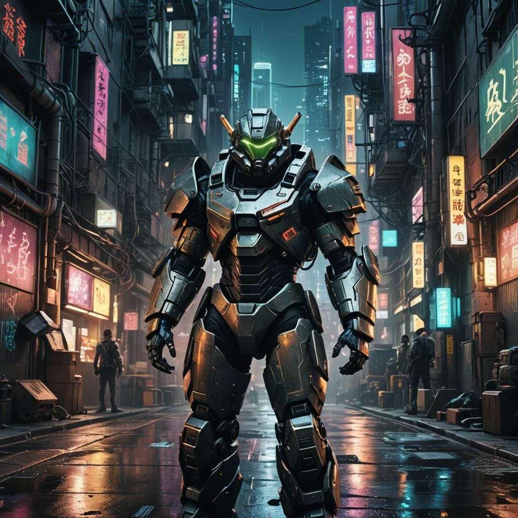 Cyberpunk Sardaukar in Neon City Alleyway