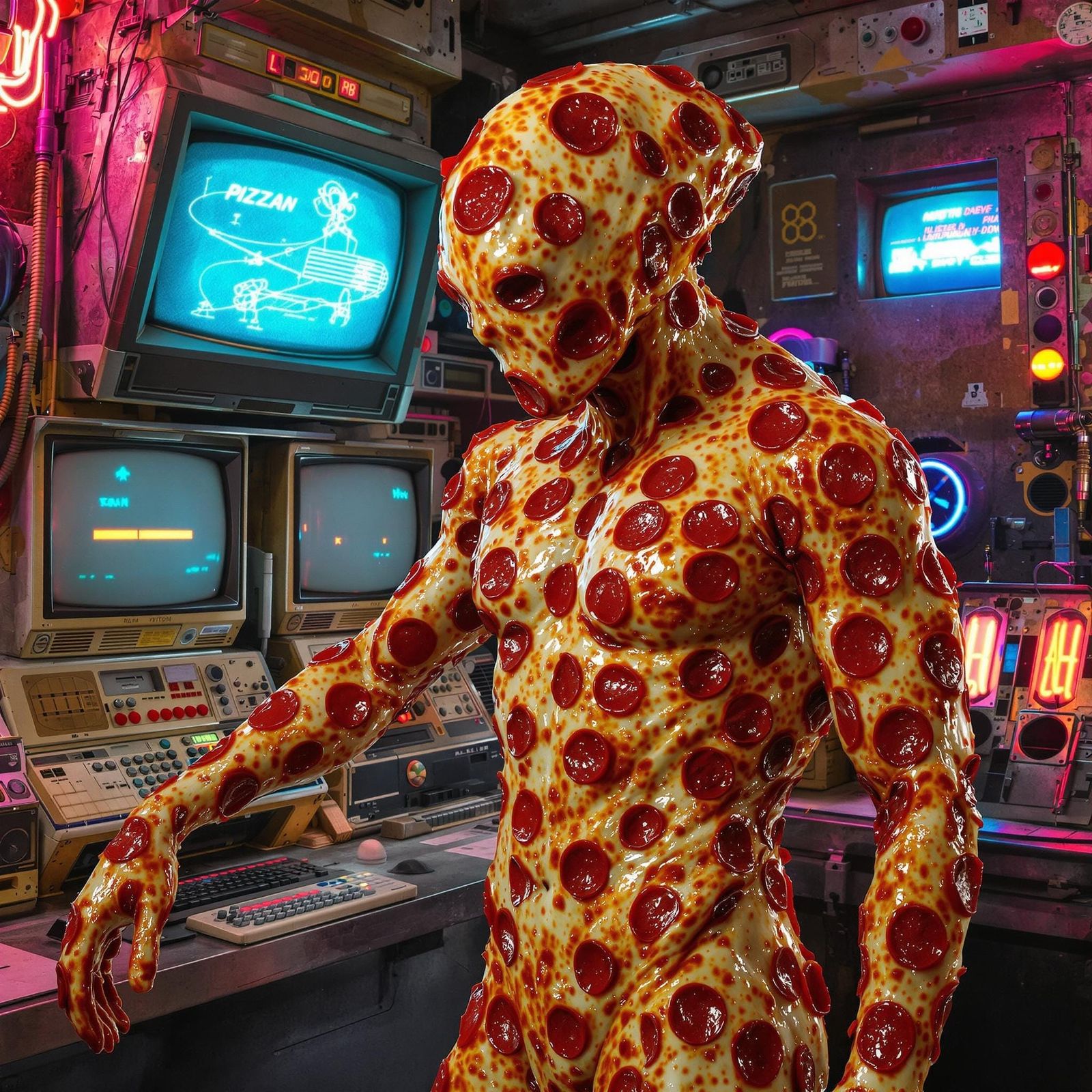 Surreal Retro-Futuristic Portrait of a Pepperoni Pizza Being