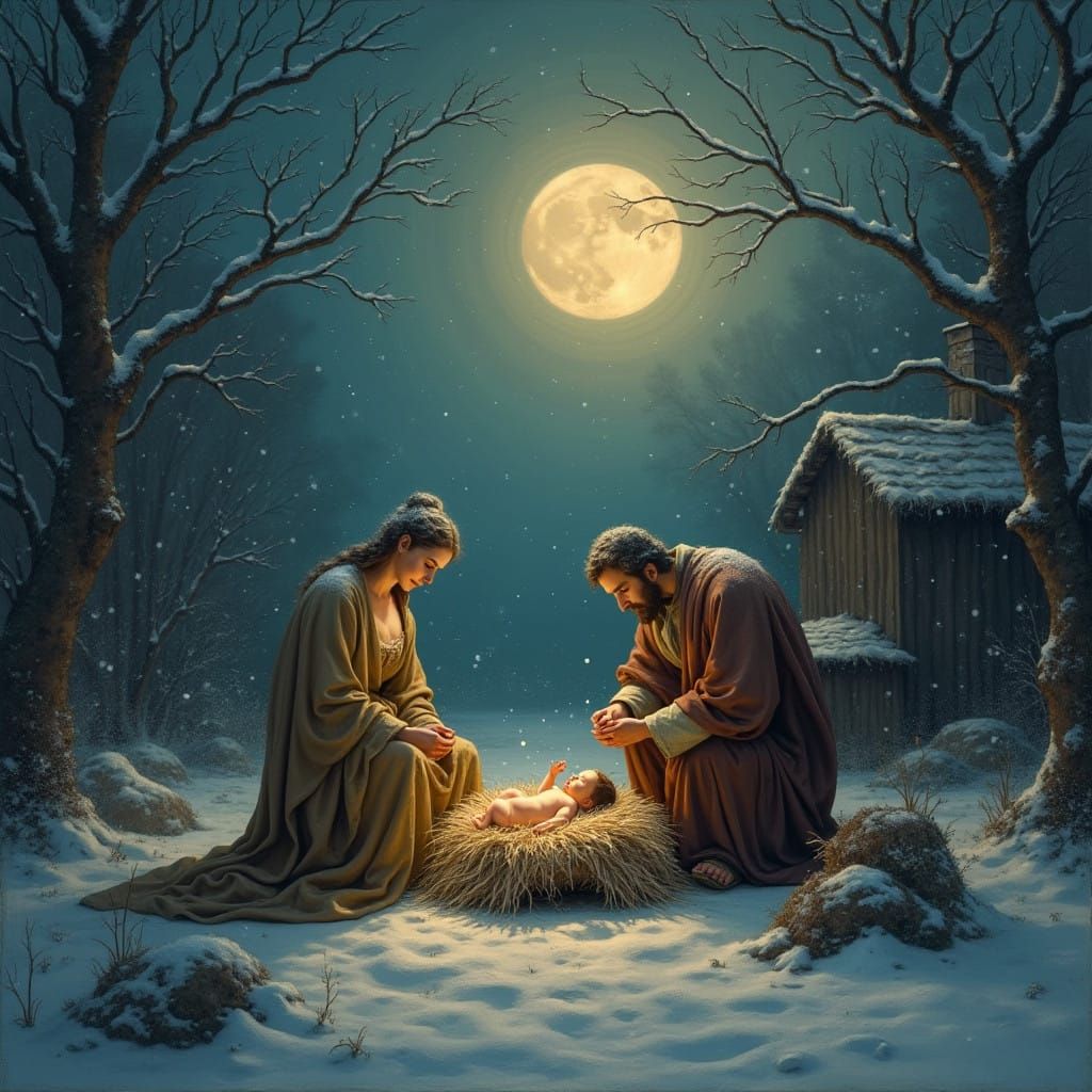 Surreal Christmas Scene in Moonlit Winter Landscape