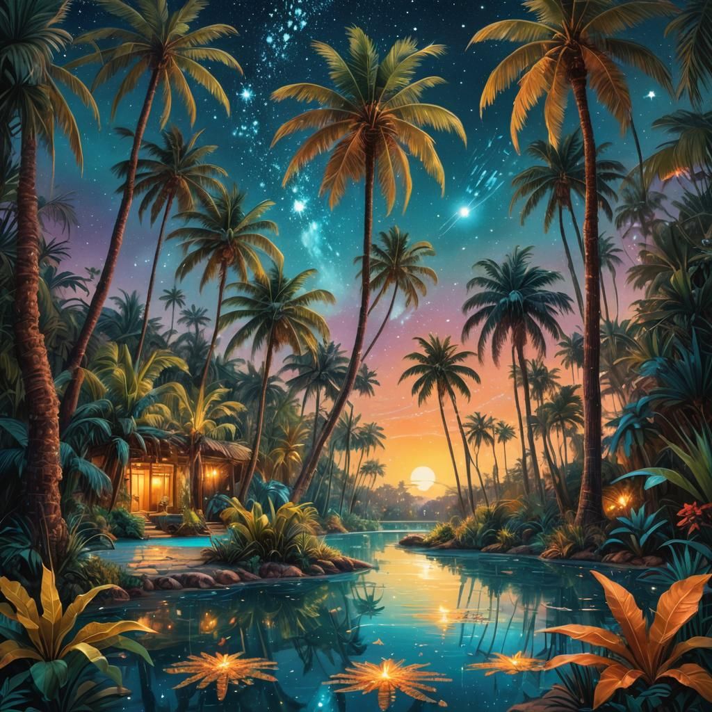Shimmering Oasis Under Starry Sky: Matte Painting