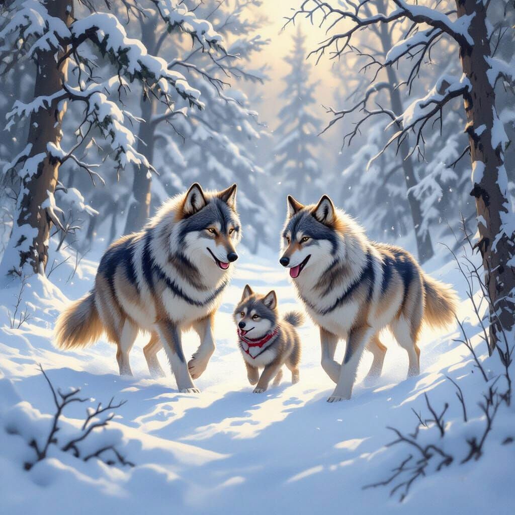 Wolf Family Playing in Winter Forest, Illustrative Style