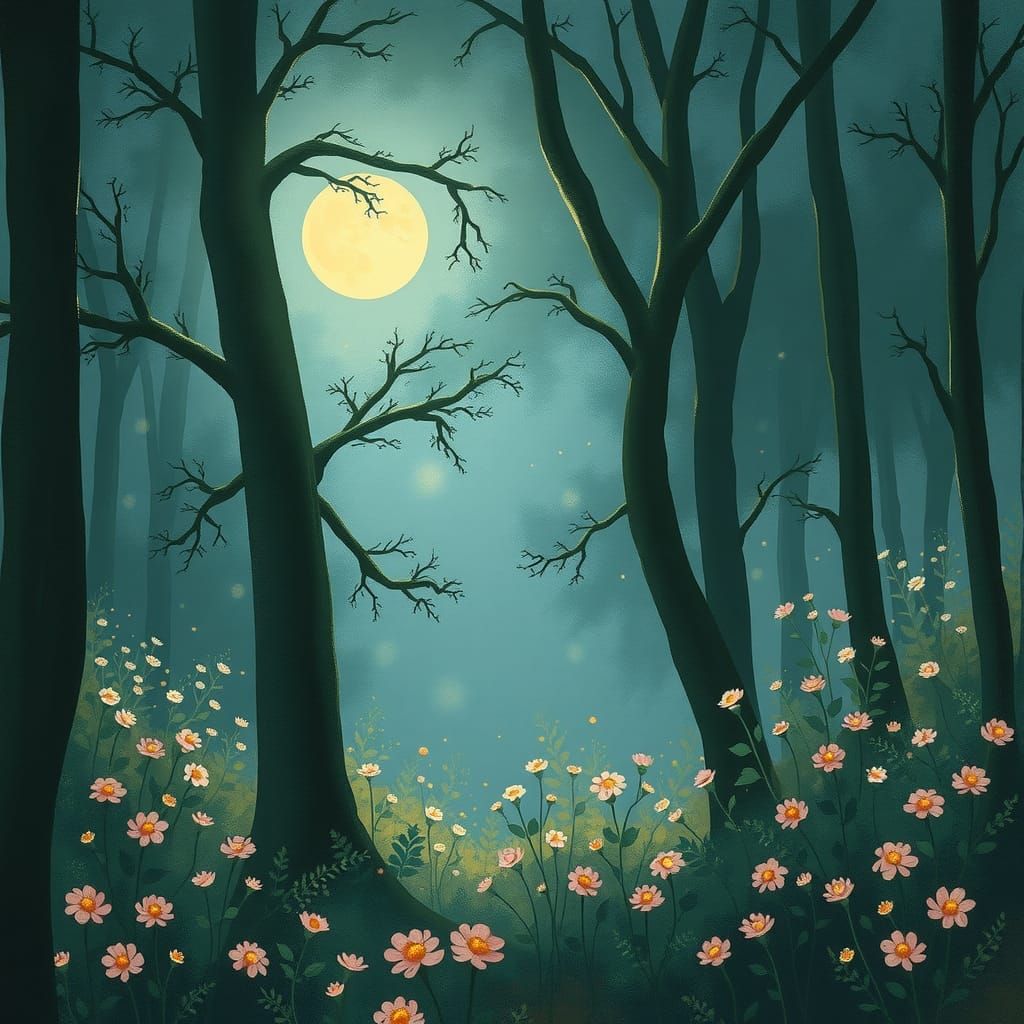 Ethereal Moonlight Illuminates Mystical Forest Scene