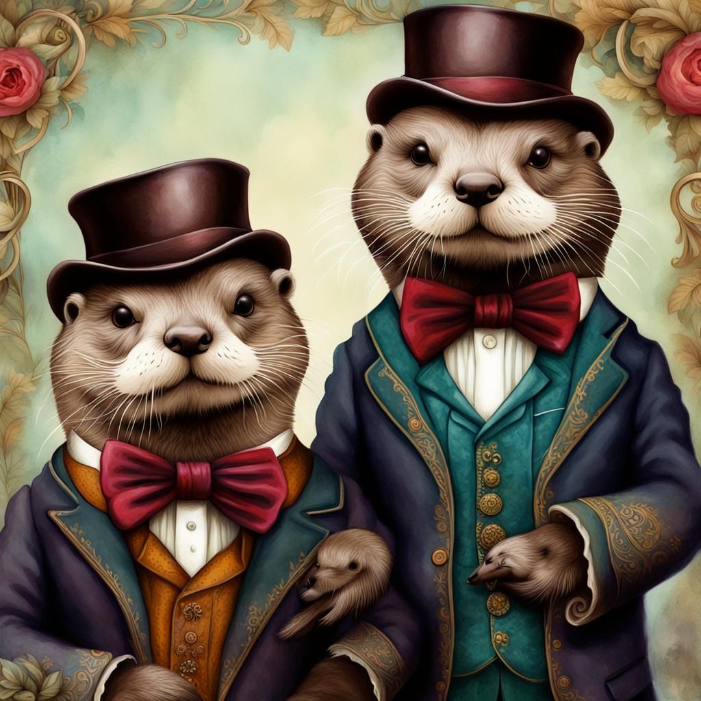 Victorian Otters in Whimsical Folk Art Style