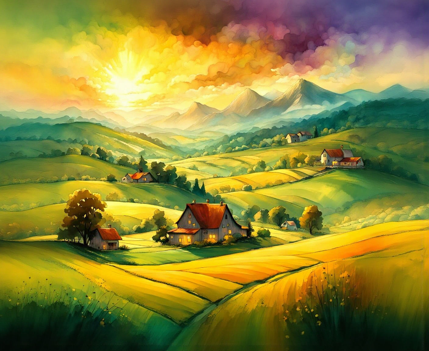 Lush Countryside Landscape in Vivid Watercolor Illustration