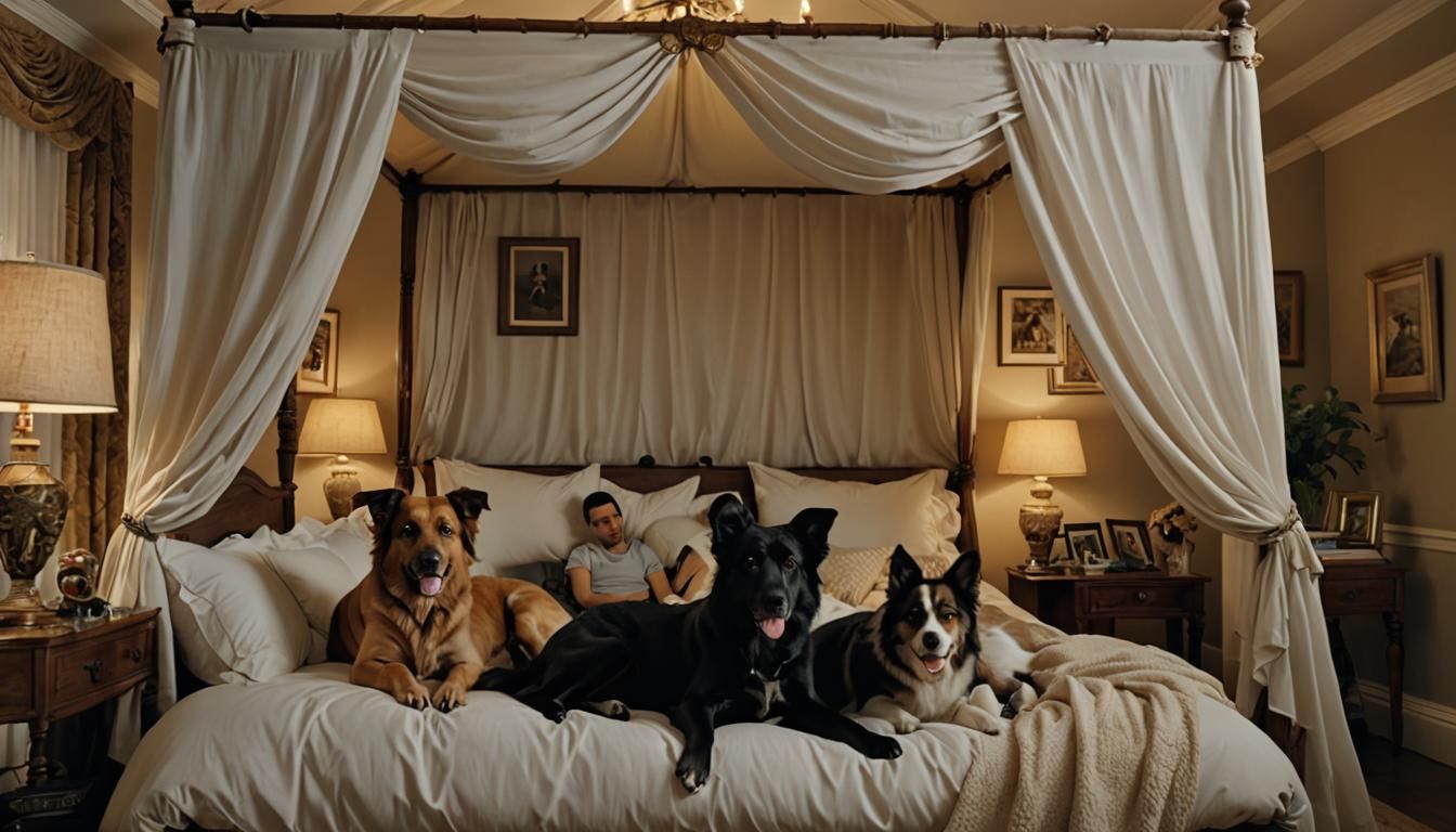 Man Relaxing in Bed with Three Dogs