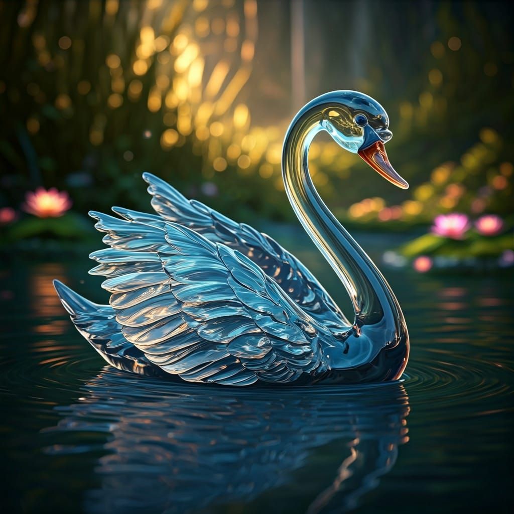 Glass Swan Glides on Lake: Hyperrealistic Art