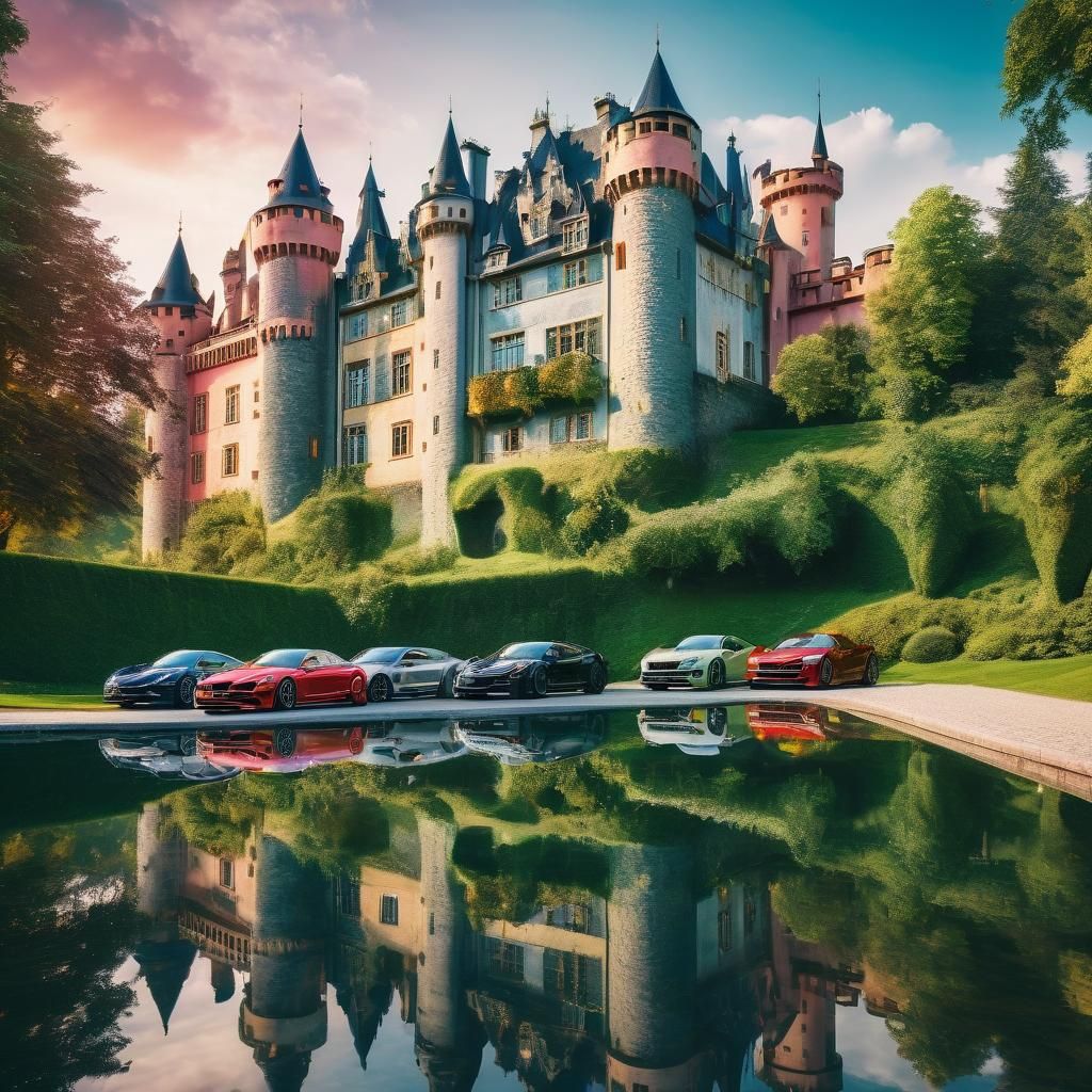 Luxury Castle Estate with Posh Cars in Vibrant Colors
