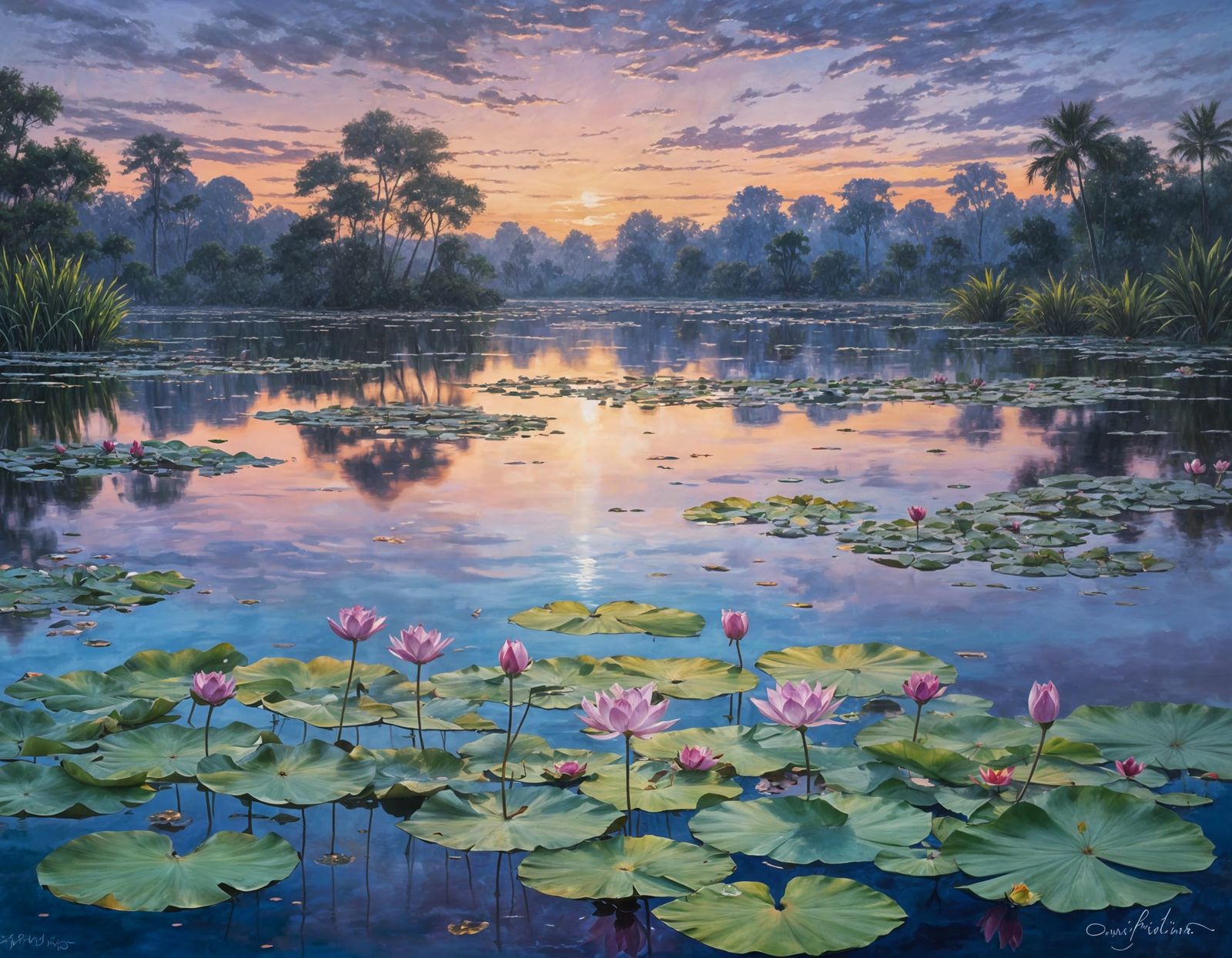 Mystical Lotus Pond at Twilight Oil Painting
