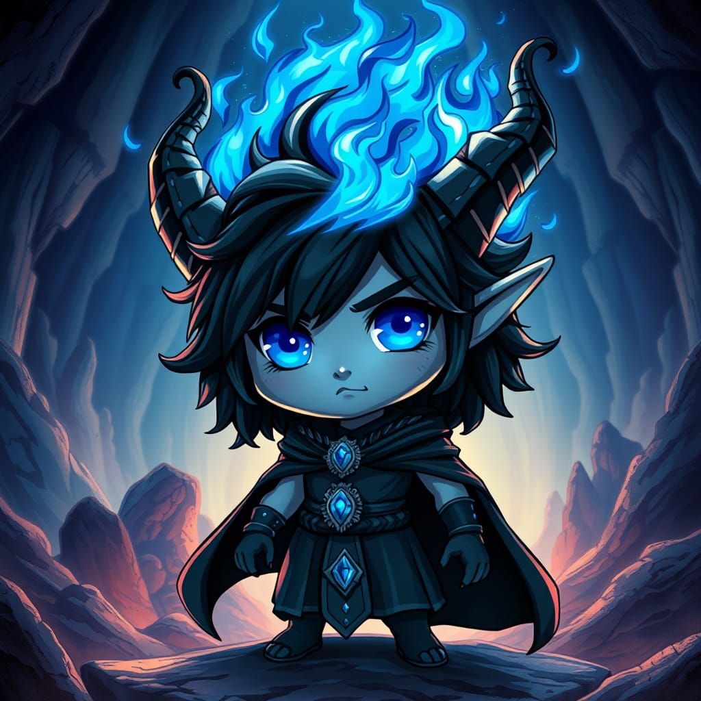 Chibi Hades in Underworld with Blue Fire